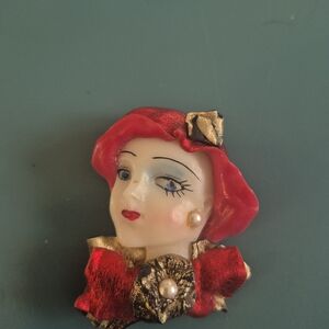 Vintage Fancy Handcrafted Lady Face Brooch Pin Clay Lady Face Brooch